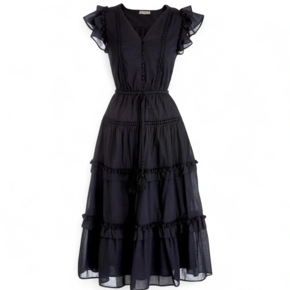 J‎ Crew black pom-pom midi dress cotton voile w flutter sleeves v-neck Size 4